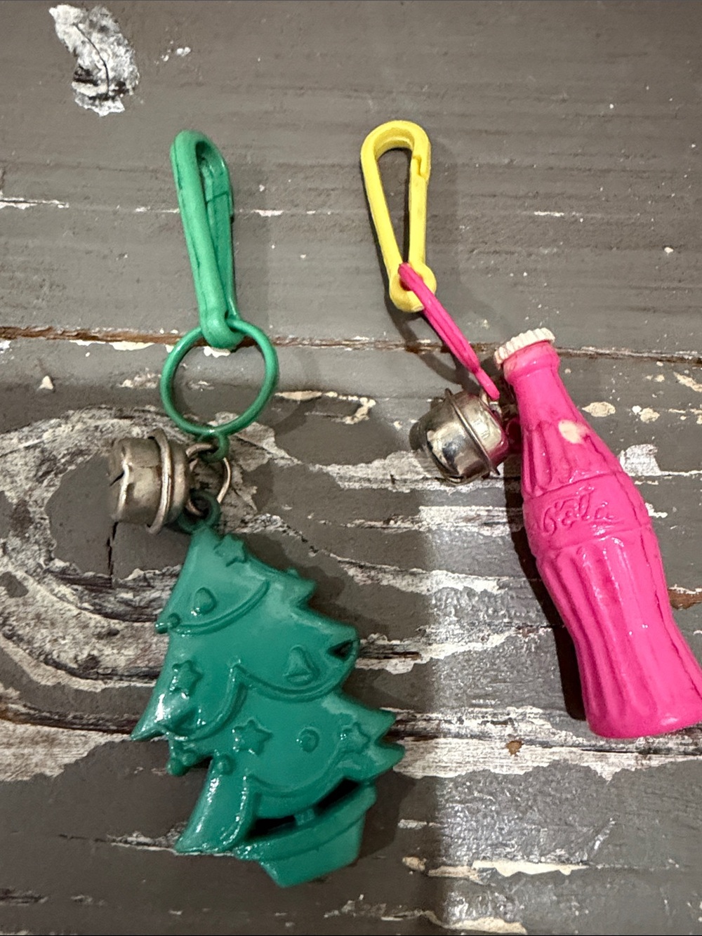 Vintage 1980’s necklace charms Christmas Tree & Pink Coca Cola Soda Bottle